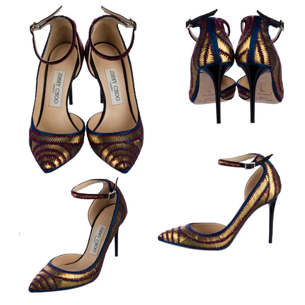 Metallic Gold, Blue, and Red Jimmy Choo Pumps